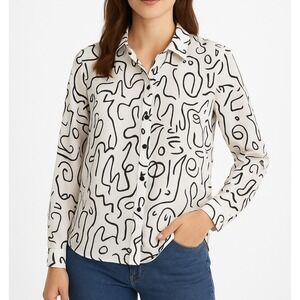 Women Blouse  Rabbit Rose Size M White Black Abstract Print Long Sleeve Shirt Lq